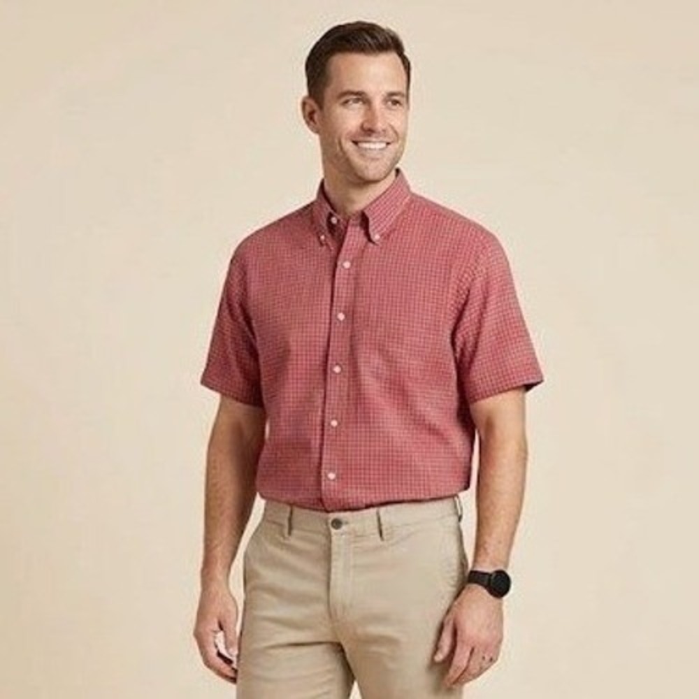 Brooks Brothers Mens Large Red Check Short Sleeve Sport Shirt Cotton Button Down - Picture 2 of 5
